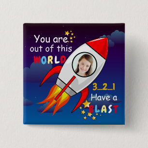 Cute Outer Space Rocket Ship Blast Off Birthday 15 Cm Square Badge