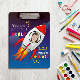 Cute Outer Space Rocket Ship Blast Off Birthday Clipboard