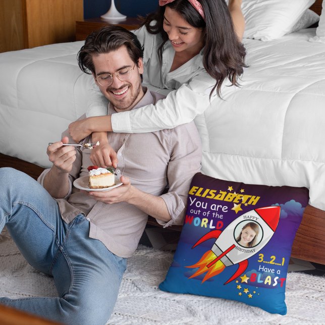 Cute Outer Space Rocket Ship Blast Off Birthday Cushion (Creator Uploaded)