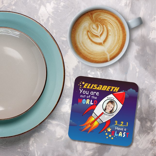 Cute Outer Space Rocket Ship Blast Off Birthday Glass Coaster (Creator Uploaded)