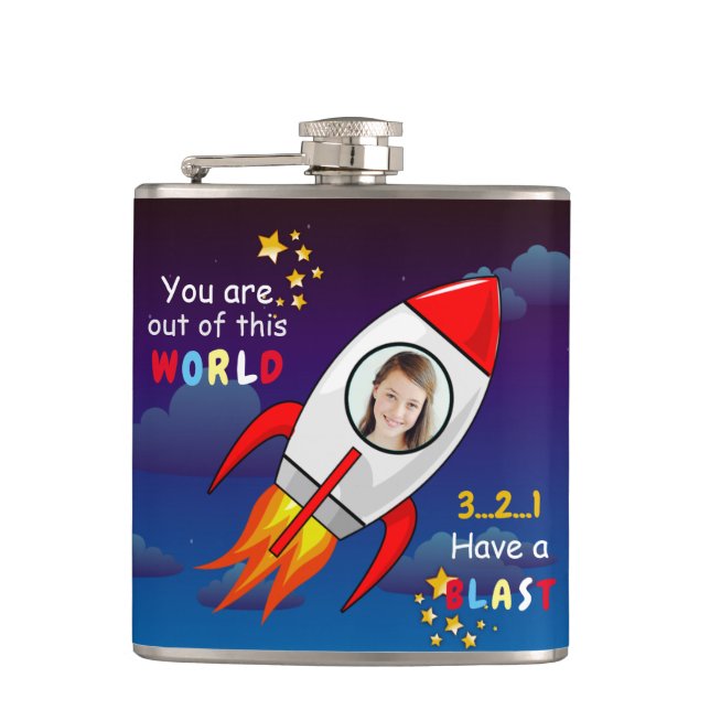 Cute Outer Space Rocket Ship Blast Off Birthday Hip Flask (Front)