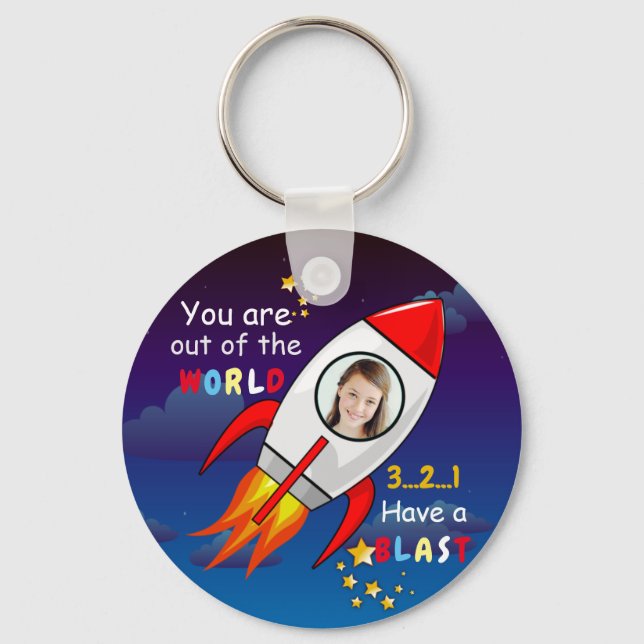 Cute Outer Space Rocket Ship Blast Off Birthday Key Ring (Front)