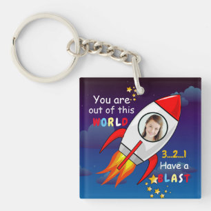 Cute Outer Space Rocket Ship Blast Off Birthday Key Ring