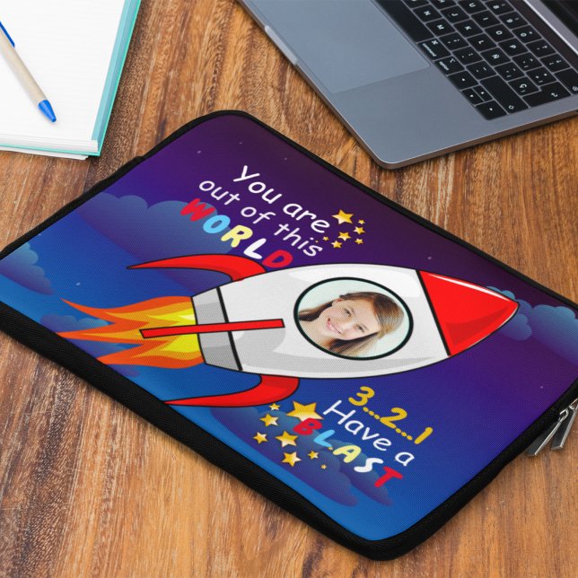 Cute Outer Space Rocket Ship Blast Off Birthday Laptop Sleeve (Creator Uploaded)