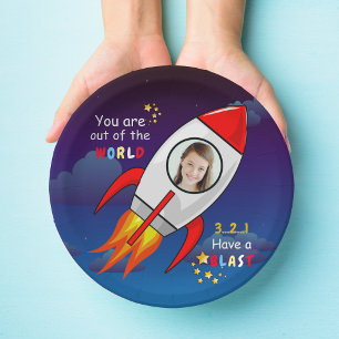 Cute Outer Space Rocket Ship Blast Off Birthday Paper Plate