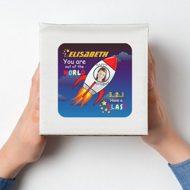 Cute Outer Space Rocket Ship Blast Off Birthday Square Sticker (Creator Uploaded)