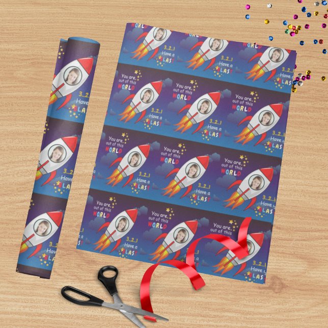 Cute Outer Space Rocket Ship Blast Off Birthday Wrapping Paper (Creator Uploaded)