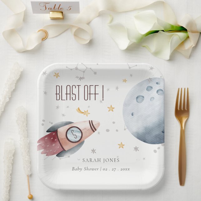 Cute Outer Space Starry Planet Rocket Baby Shower Paper Plate (Wedding)