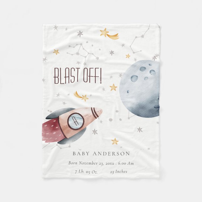 Cute Outer Space Starry Planet Rocket Birth Stats Fleece Blanket (Front)