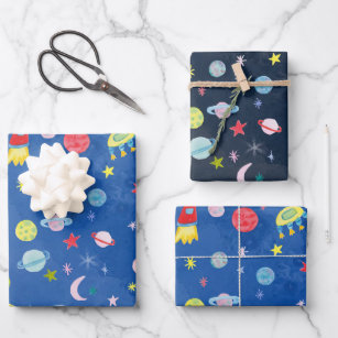 Cute Outer Space UFO Planets Moons Watercolor Gift Wrapping Paper Sheet