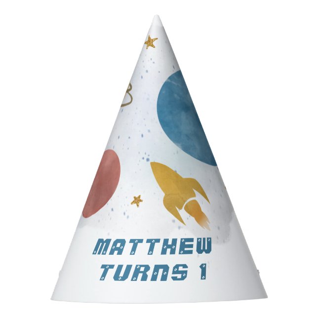Cute Outer Space Watercolor Planet 1st Birthday Party Hat (Front)