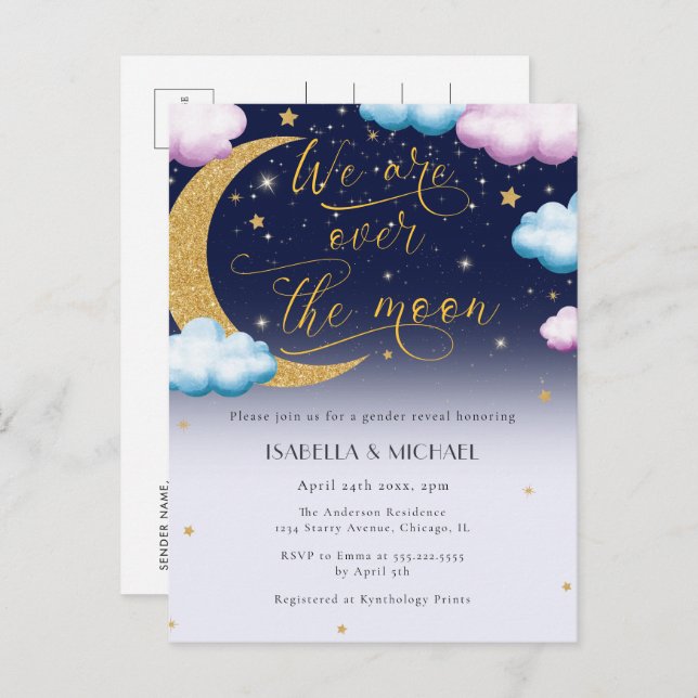 Cute Over the Moon Gender Reveal Party Invitation Postcard (Front/Back)