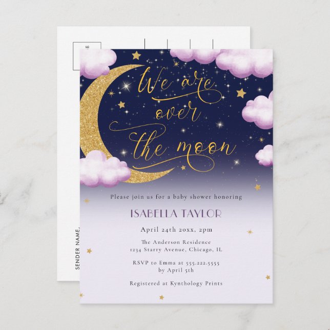 Cute Over the Moon Girl Baby Shower Invitation Postcard (Front/Back)
