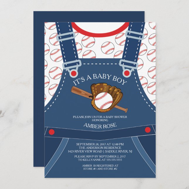 Cute Overalls BASEBALL Baby Shower Invitation (Front/Back)