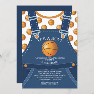 Cute Overalls BASKETBALL Baby Shower Invitation
