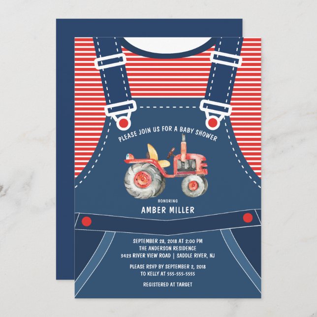 Cute Overalls Farm Tractor Baby Shower Invitation (Front/Back)