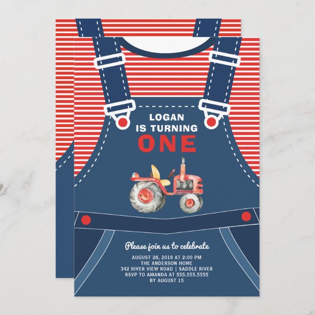 Cute Overalls Farm Tractor Boys Birthday Invitatio Invitation (Front/Back)