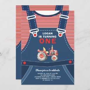 Cute Overalls Farm Tractor Boys Birthday Invitatio Invitation