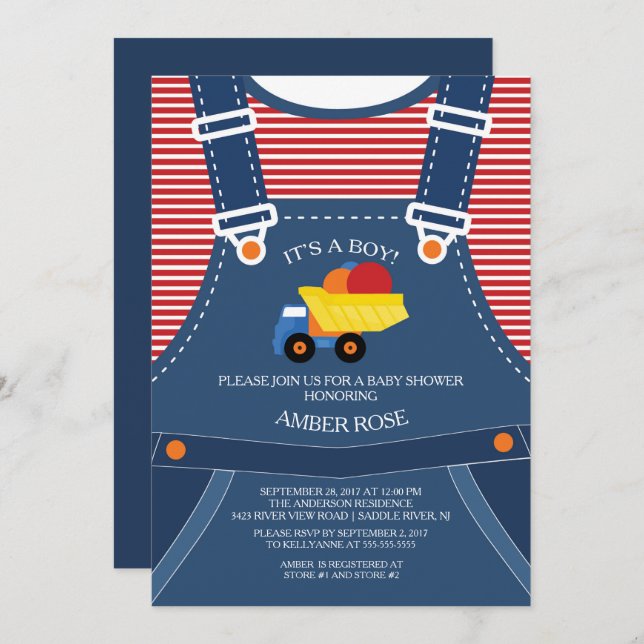 Cute Overalls Toy Truck Baby Shower Invitation (Front/Back)