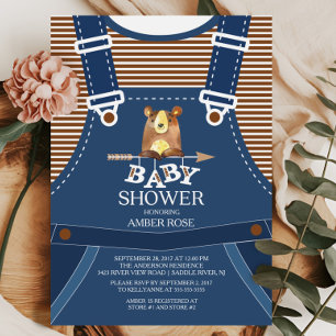 Cute Overalls Woodland Bear Baby Shower Invitation