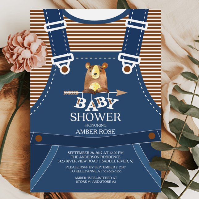 Cute Overalls Woodland Bear Baby Shower Invitation (Creator Uploaded)