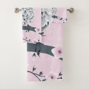 Cute Owl and Cherry Blossom Pink Grey Bath Towel Set