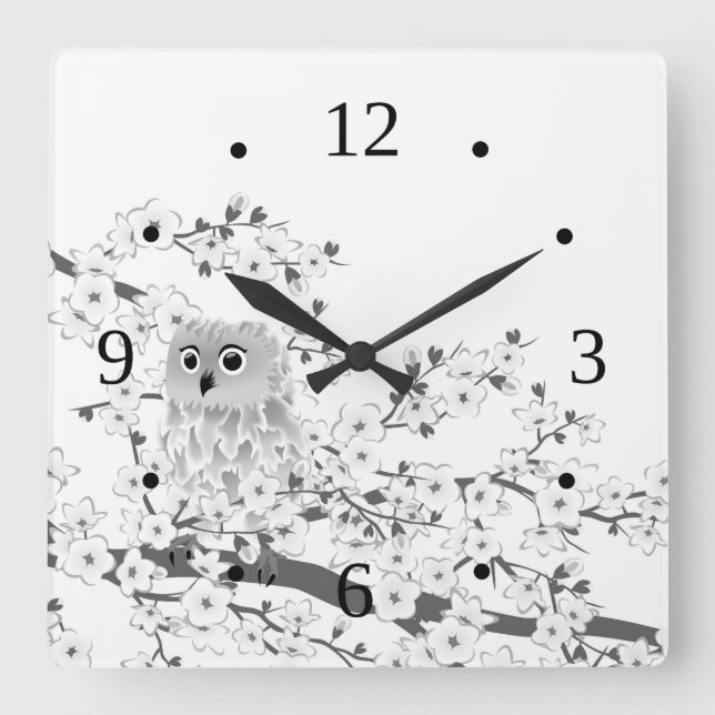 Cute Owl And Cherry Blossoms Black And White Square Wall Clock (Front)