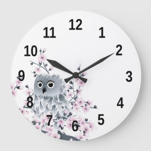 Cute Owl and Cherry Blossoms Numbers Large Clock