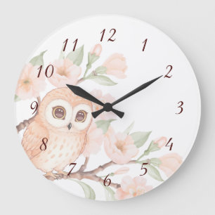Cute Owl and Cherry Blossoms Numbers Large Clock