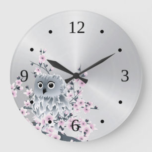 Cute Owl and Cherry Blossoms Silver Large Clock