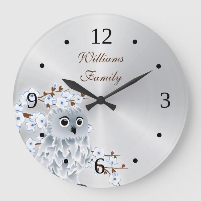 Cute Owl and Cherry Blossoms Silver Monogram Large Clock (Front)