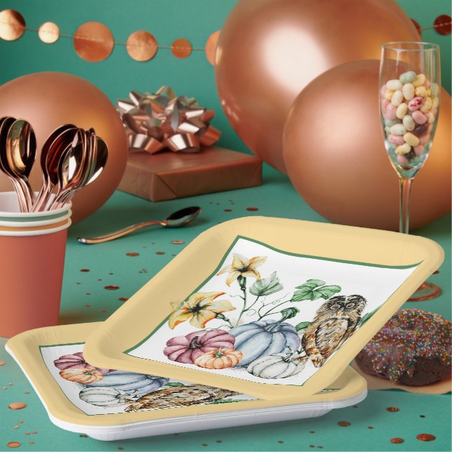 Cute Owl and fall pumpkins Paper Plate (Multi)