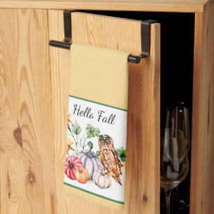 Cute Owl and fall pumpkins Tea Towel