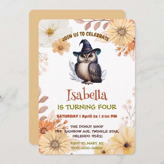 Cute Owl animal flower cartoon Birthday party Invitation (Front/Back)
