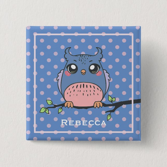 Cute Owl Art Dotty Personalised Girls 15 Cm Square Badge (Front)