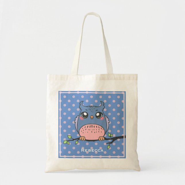 Cute Owl Art Dotty Personalised Girls Tote Bag (Front)