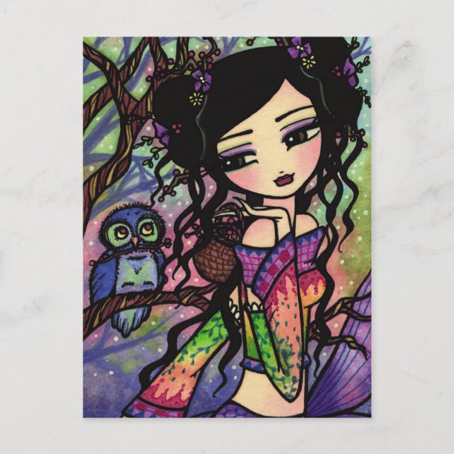 Cute Owl Asian Mermaid Fantasy Art Postcard (Front)