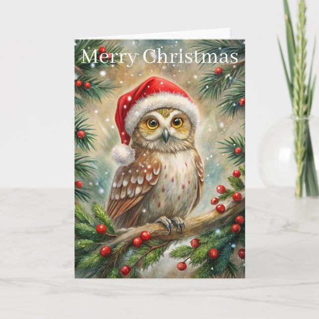 Cute Owl at Christmas Holiday Card (Front)