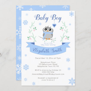 Cute owl baby boy winter babyshower invitation