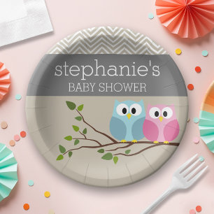 Cute Owl Baby Girl or Boy Gender Reveal Shower Paper Plate