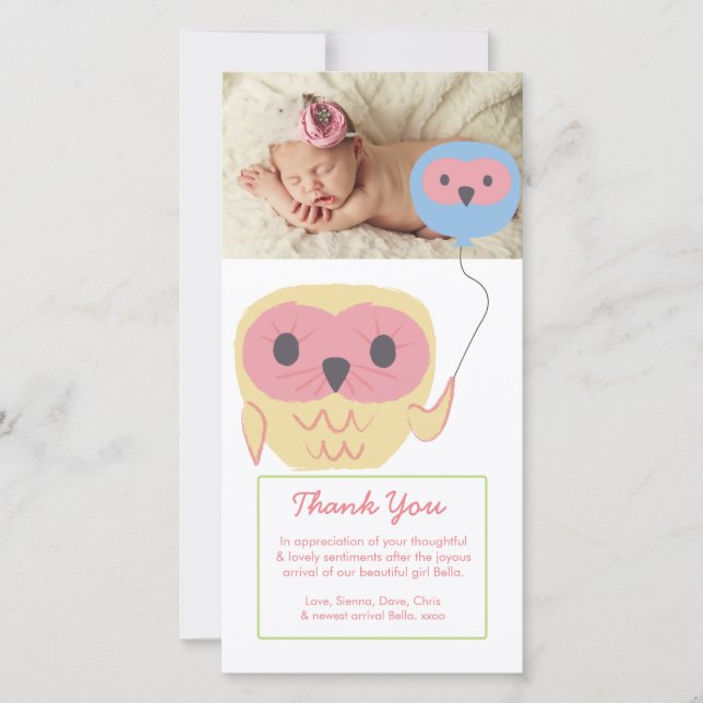 Cute Owl Baby Girl Thank You Photo Template (Front)