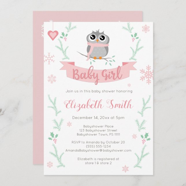 Cute owl baby girl winter babyshower invitation (Front/Back)