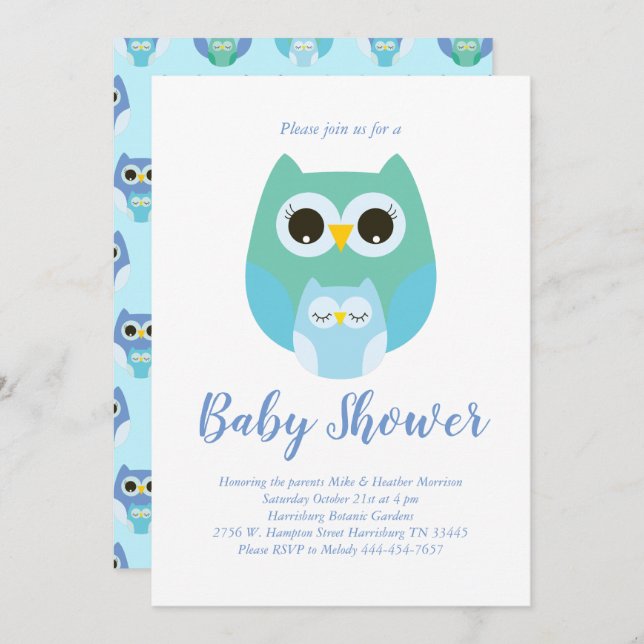 Cute Owl Baby Shower Blue Bird Boy Invitation (Front/Back)
