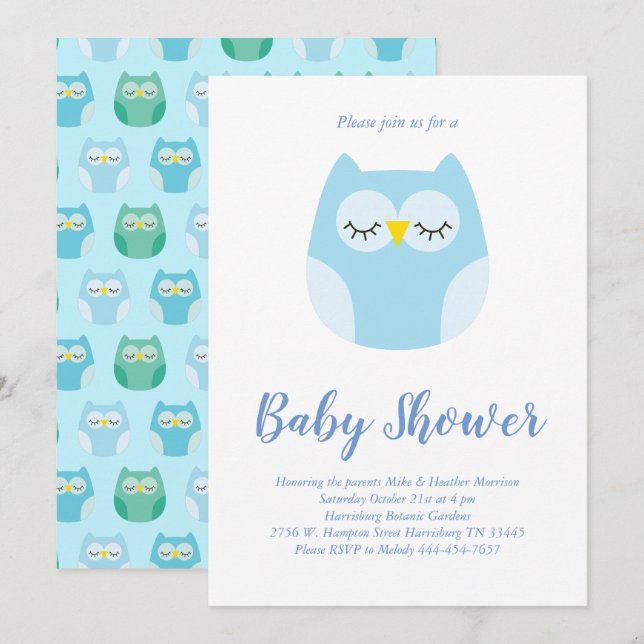Cute Owl Baby Shower Blue Bird Boy Invitation (Front/Back)