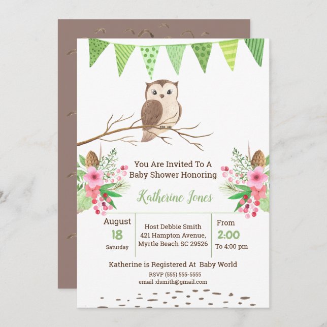 Cute Owl Baby Shower Gender Neutral Invitation (Front/Back)