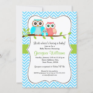 Cute Owl Baby Shower Invitation / Blue Green