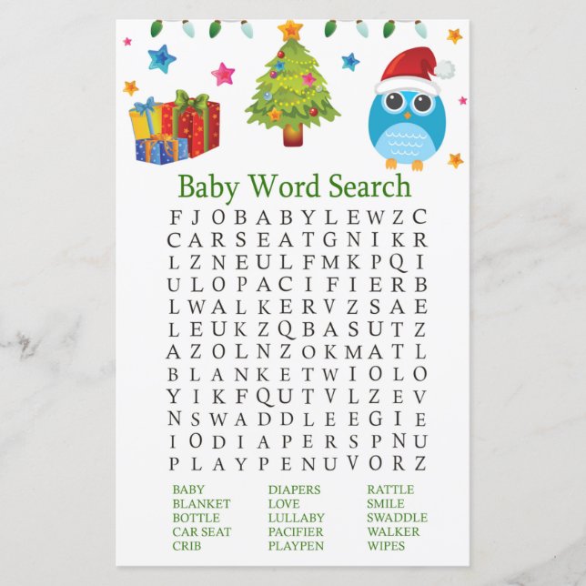 Cute Owl Baby Shower Word Search Game (Front)