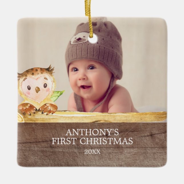 Cute Owl Baby's 1St Photo Christmas Ornament (Front)