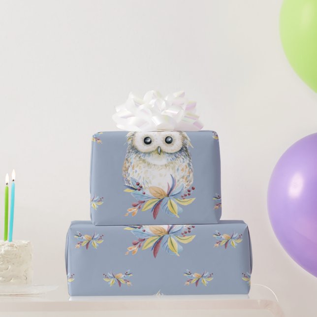 Cute Owl beige and blue grey background Wrapping Paper (Party Gifts)