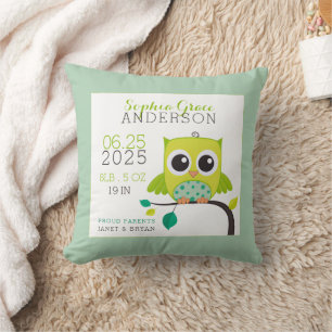 Cute Owl Birth Stats Keepsake Baby Nursery Cushion